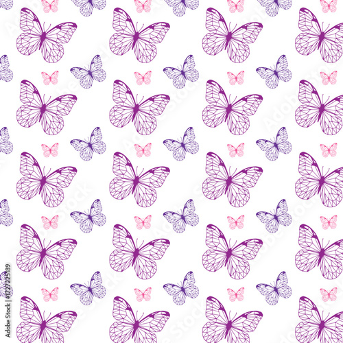 Seamless vector pattern of pink and purple butterflies for spring, summer, textile design, wrapping paper, wallpaper, scrapbooking, and decorative projects.