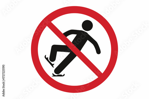 Ice Skating Prohibited Sign Red Circle with Black Skater Symbol and Red Slash