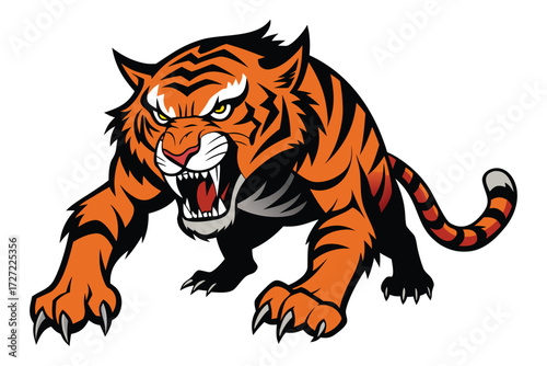 Illustration of an Aggressive Tiger Prowling with an Intense Gaze and Bared Teeth