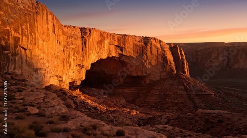 Wide exterior shot of a large cave mouth at golden hour, with warm light illuminating the entrance and surrounding cliffs summer, warm light, golden hour