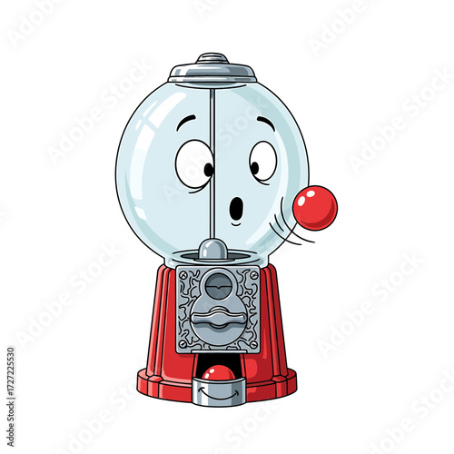 Animated Gumball Machine with Surprised Expression and Flying Red Candy