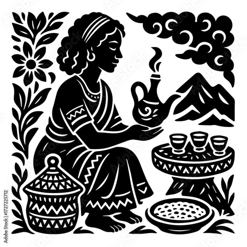 Asian Tea Ceremony — Woman Brewing Tea with Mountains, Woodcut Folk Illustration (B/W Vector)