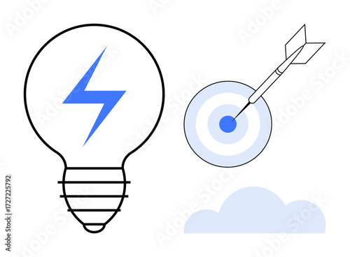 Lightbulb with lightning bolt for creativity, dart hitting center of bullseye for precision, cloud for clarity. Ideal for innovation, strategy, vision, goals, achievement motivation success. Simple