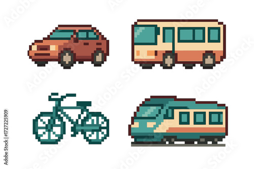 Charming retro pixel art set featuring various transportation vehicles: car, bus, bicycle, and train