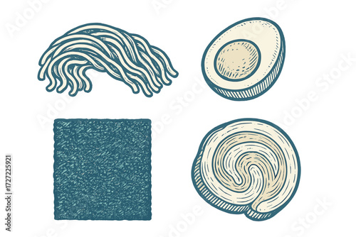 Asian cuisine ingredients set featuring ramen noodles, halved boiled egg, nori seaweed, and fish cake