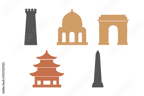 Set of iconic world landmarks and famous architectural monuments representing global travel, tourism, and cultural heritage