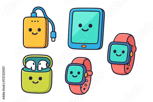 Collection of cute portable electronic devices with happy faces including smartwatches, tablet, power bank, and wireless earbuds