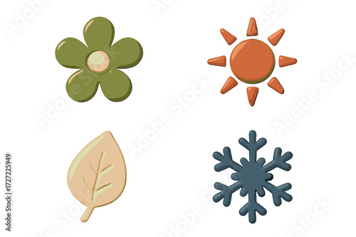 Stylized seasonal symbols representing spring, summer, autumn, and winter weather conditions and natural elements