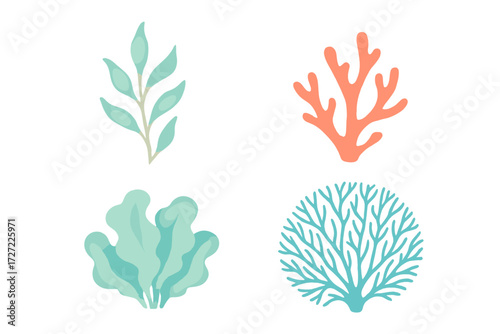 Vibrant collection of stylized aquatic plants and diverse marine coral reef elements for ocean-themed designs and decorations