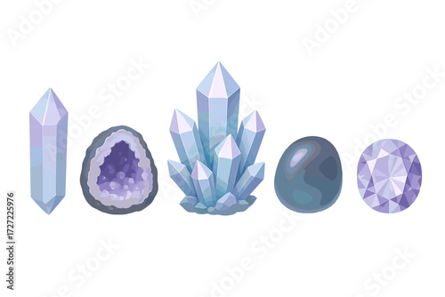 Collection of natural crystals, amethyst geode, and polished gemstones in various shapes and colors on white background