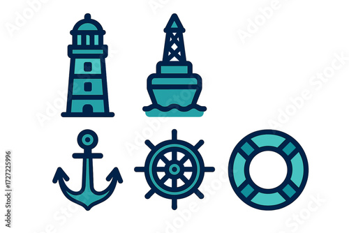 Set of maritime navigation, safety, and offshore industry icons with lighthouse, anchor, ship wheel, lifebuoy, and rig