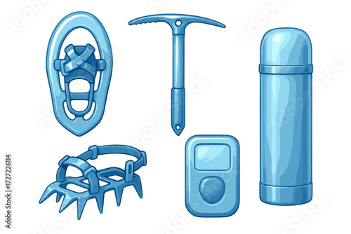 Winter sports equipment set: snowshoes, ice axe, crampons, thermos, music player for outdoor adventures
