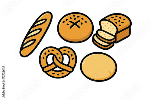 Delicious assortment of freshly baked goods including baguette, pretzel, sliced loaf, and various buns