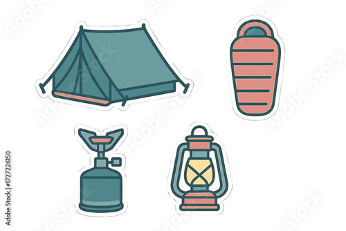 Essential camping equipment set featuring a tent, sleeping bag, portable stove, and classic lantern for outdoor adventures