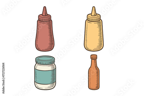 Classic condiment bottles and sauce jars for food preparation, dining, and restaurant use