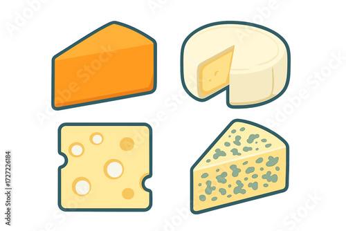 Assortment of various delicious cheese types including cheddar, brie, swiss, and blue cheese wedges and blocks