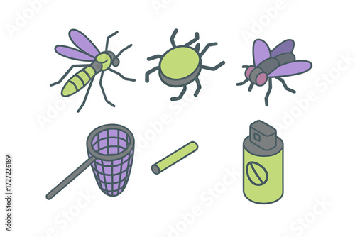 Isometric icons of common flying and crawling insects with essential pest control tools and equipment for home and garden