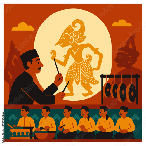 Dalang Wayang Kulit — Javanese Shadow Puppet Show with Gamelan and Audience (Vector)