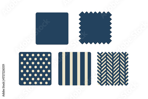 Collection of blue and cream fabric swatches displaying polka dots, stripes, and herringbone patterns