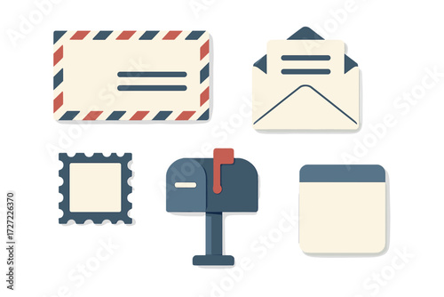 Collection of postal service elements including envelopes, stamp, and mailbox for communication and delivery concepts