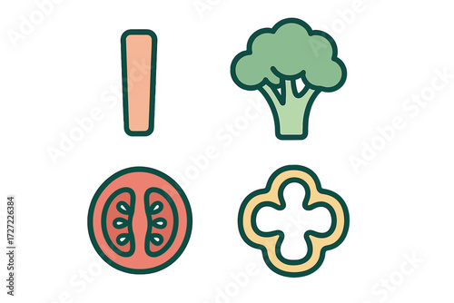 Assortment of colorful stylized icons depicting fresh healthy vegetables like broccoli tomato pepper and carrot