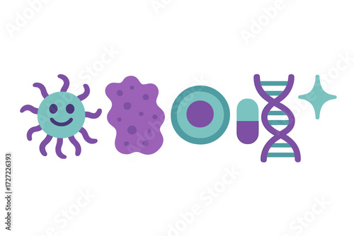 Scientific and medical icons set featuring a virus, cell, blood cell, capsule, and DNA helix for health and research