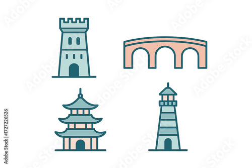 Collection of diverse architectural structures featuring a castle tower, bridge, pagoda, and lighthouse