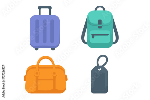 Collection of travel luggage items including suitcase, backpack, duffel bag, and luggage tag for journeys