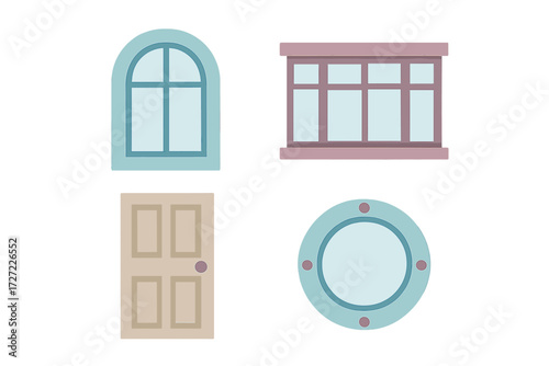 Architectural elements set featuring various window shapes, classic door, and round porthole design for building facades