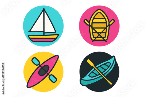 Brightly colored water transportation symbols featuring various boats for outdoor recreation and leisure activities