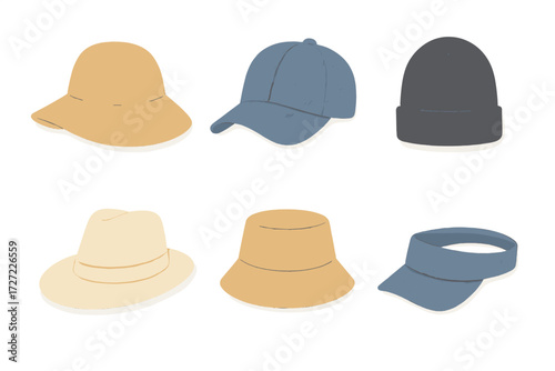 Fashionable headwear collection with sun hats, baseball caps, beanies, fedoras, bucket hats, and visors for all seasons
