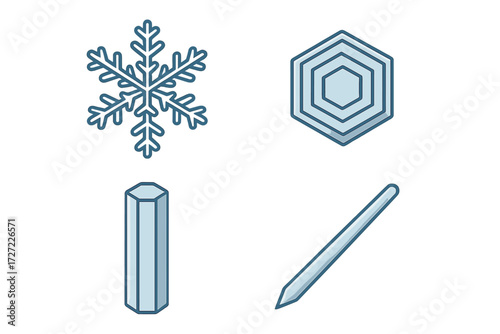 Collection of different ice crystal shapes including a classic snowflake, hexagonal plate, column, and needle formation