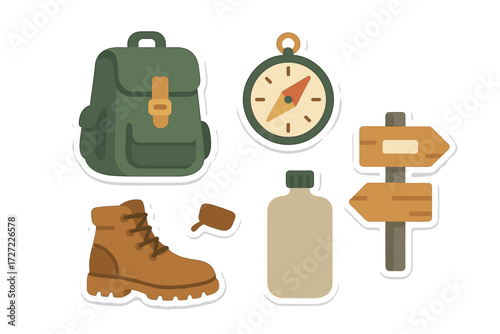 Essential outdoor adventure items including a backpack compass hiking boot water bottle and wooden signpost