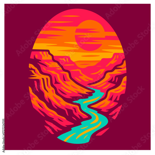 Grand Canyon Sunset River — Colorful Desert Landscape, Abstract Travel Poster (Vector)