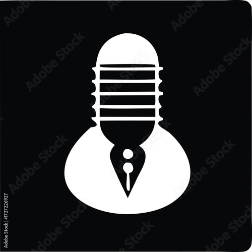 Creative icon symbolizing podcast recording and storytelling with a microphone and pen nib for content creation