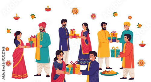 Indian Family Celebration with Traditional Clothes and Gift Exchange