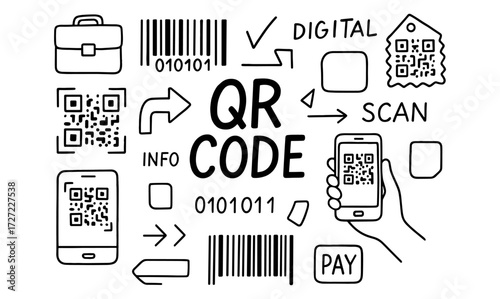 Qr code doodle collection with smartphone and digital elements