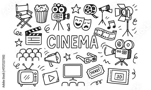 Doodle cinema icons set featuring movie equipment and theater symbols