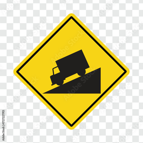 Steep hill ahead warning road sign transparent