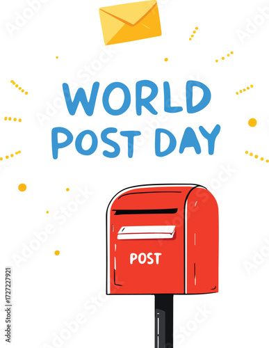 World Post Day illustration with red mailbox, yellow envelope, and festive blue and yellow decorations — global mail theme