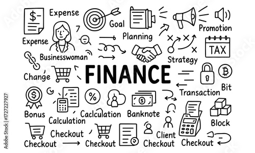 Finance doodle style icons featuring businesswoman, money, and planning elements
