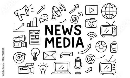 Hand drawn media tools and communication icons for digital news