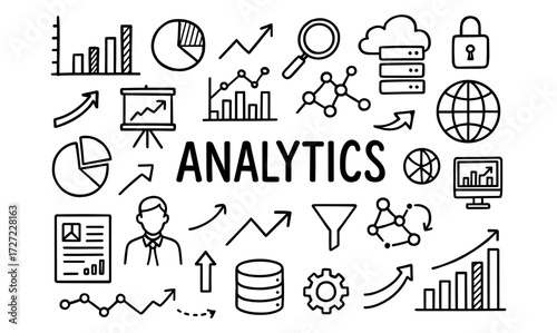 Linear business analytics icons and data visualization elements set