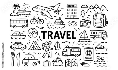 Doodle style travel icons featuring transportation and adventure elements