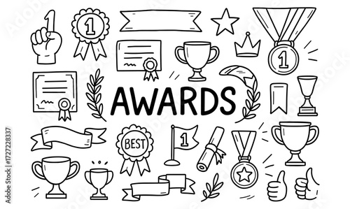 Doodle style awards and trophies collection for celebrations