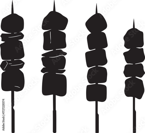 Four black silhouette skewers with cubed food on white background silhouette