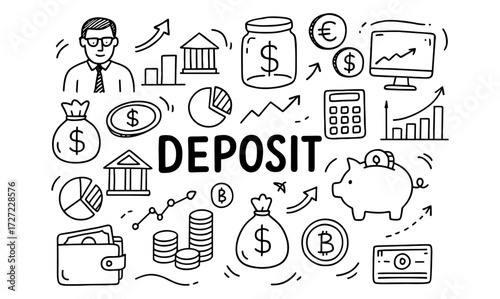 Financial deposit doodles with piggy bank, currency symbols, and graphs