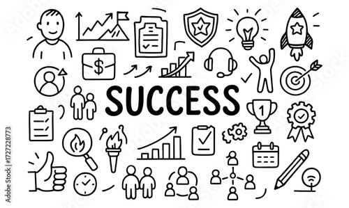 Business success icons set in linear style for innovative marketing and collaboration