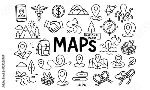 Hand drawn maps and travel icons set with landmark and navigation symbols