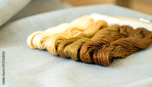 Brown to cream-colored embroidery floss arranged on textured gray fabric, with blurred backdrop